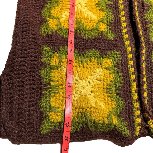 Crocheted Cardigan Large XL Handmade Knit Sweater 70s Yellow Green Brown Chunky - Picture 6 of 7